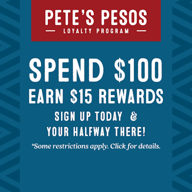 Fajita Pete's Reward program banner. Sign up today